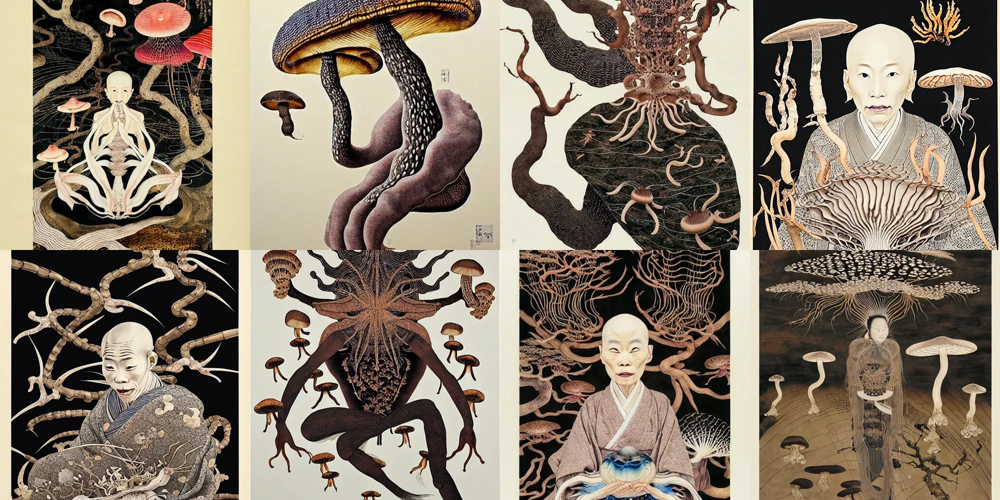 Prompt: ancient japanese monk, by kiki smith, by maria sibylla merian, by wangechi mutu, chinese painting, concept art, 3 - dimensional, bamboo, mushrooms, mycelium, mycena acicula, tremella - fuciformis, insanely detailed and intricate, hypermaximalist, elegant, ornate, hyper realistic, super detailed