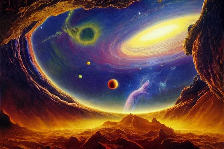 Image similar to protozoic cosmic reversal big bang landscape in the style of dr. seuss, 2 0 0 1 a space odyssey, painting by albert bierstadt