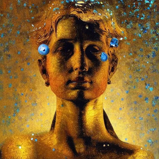 Image similar to a sculpture portrait made of stars and dust and molecules and atoms, painting part by wojciech siudmak, part by ilya repin, part by max ernst, part by norman rockwell, artstation