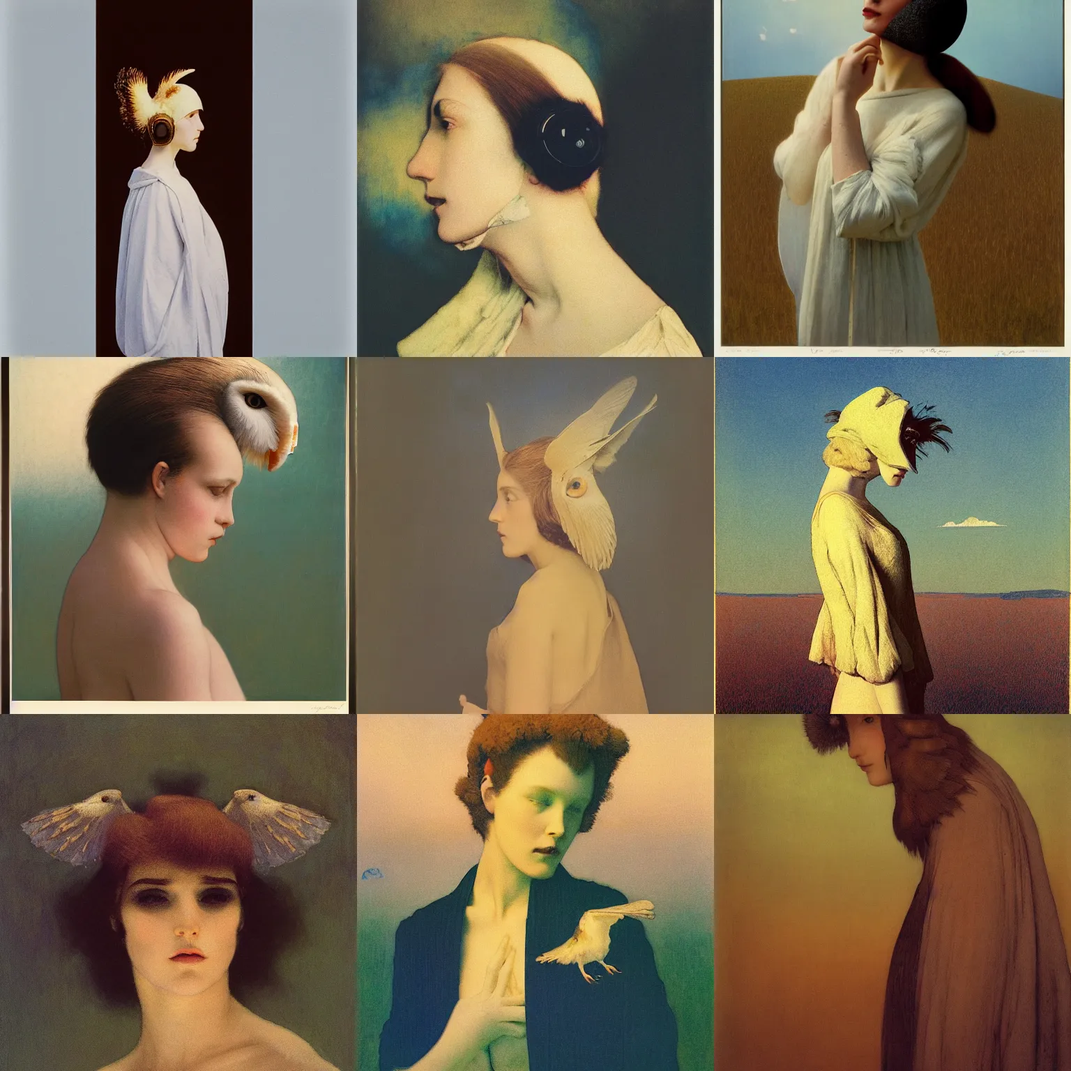 Prompt: kodak portra, 8 k, soft light, clean lines, fine art portrait photography, woman with barn owl covering head fashion photography, maxfield parrish, moebius, james jean, yoji shinkawa, odilon redon, gaston bussiere, eugene grasset, janis rozentals