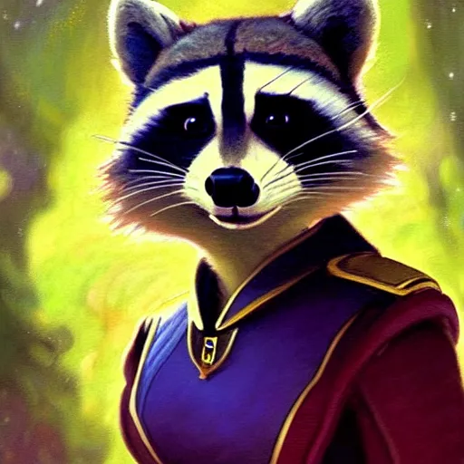 Image similar to a portrait of a female raccoon in starfleet uniform at night in a dark forest. zootopia fursona furaffinity furry art detailed face painting by gaston bussiere craig mullins jc leyendecker gustav klimt artgerm greg rutkowski furry