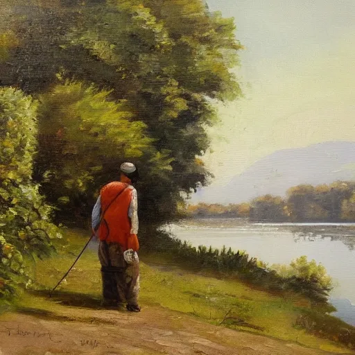 Image similar to fisherman at the riverside, idyllic, relaxing, oil painting, continental school of art, 4 k, fine art, atelier