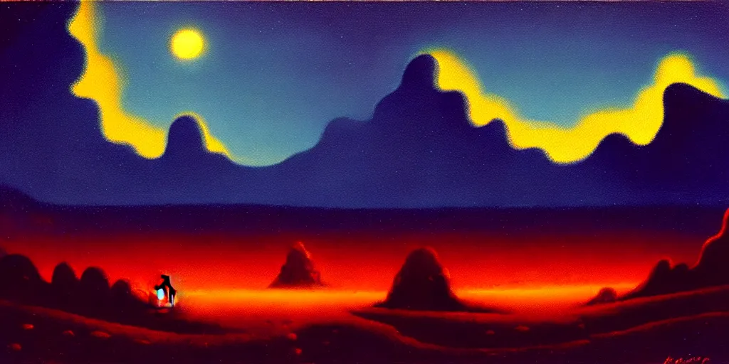 Image similar to cartoon paul lehr narrow night landscape with farawaymountains dark blue tones