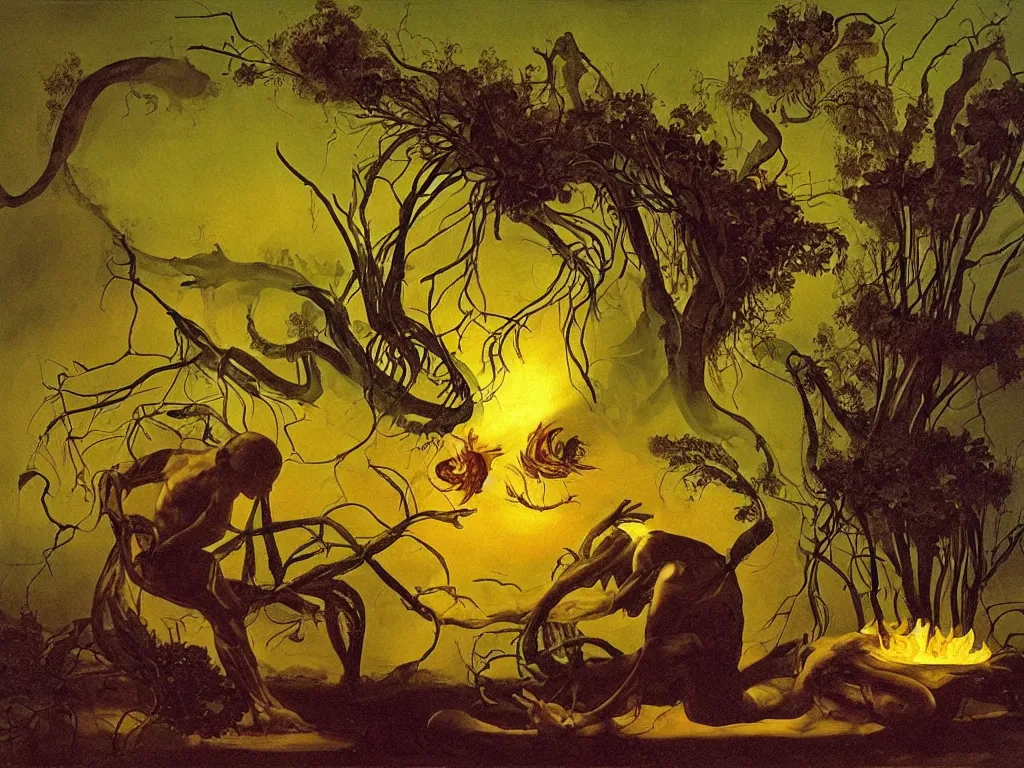 Image similar to Tormented man holding a flame with the strange reptile, diaphanous, fungi, ivy creatures of Neptune. Surreal, melancholic, vortex river, fumes, far away sunset. Painting by Caravaggio, Roger Dean