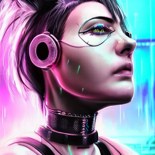 Image similar to detailed realistic cyberpunk female character cyberpunk wearing large steel collar around neck, realistic, art, beautiful, 4K, collar, choker, collar around neck, punk, artstation, detailed, female, woman, choker, cyberpunk, neon, punk, collar, choker, collar around neck, thick collar, choker around neck, wearing choker, wearing collar, bright neon punk hair,