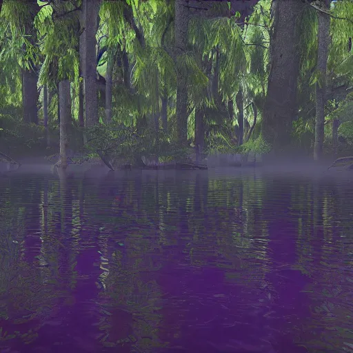 Prompt: a swamp with tall trees and purple water, fantasy, photorealistic, octane render, unreal engine, dynamic lighting, digital art