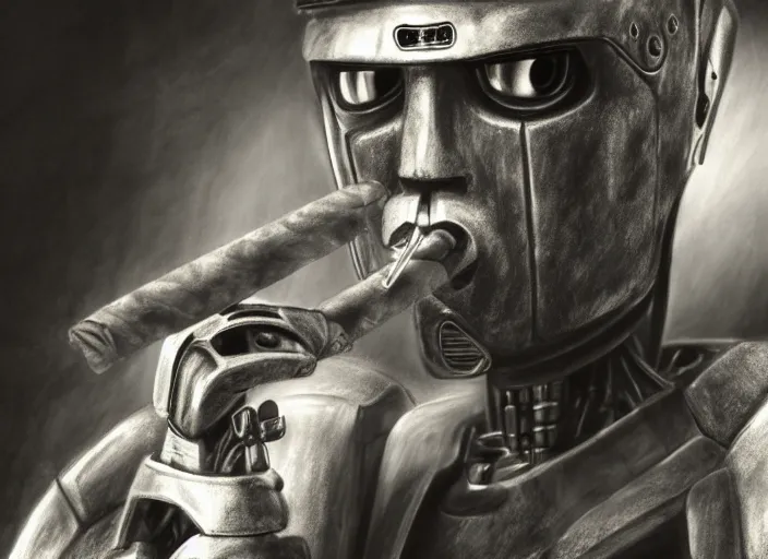 Image similar to basic professional pencil drawing of robot warlord smoking a cigar, uhd, ultra realistic, 4 k, movie still, detailed, sharp, real life, cinematic