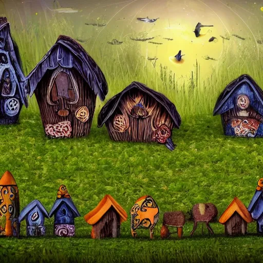 Image similar to A herd of baba yaga houses grazing in a field