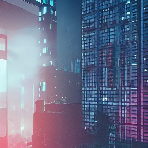 Image similar to cyberpunk apartment, futuristic, cyberpunk city view from apartment window, apartment, night, rain, volumetric light, ray traced, photography, behance
