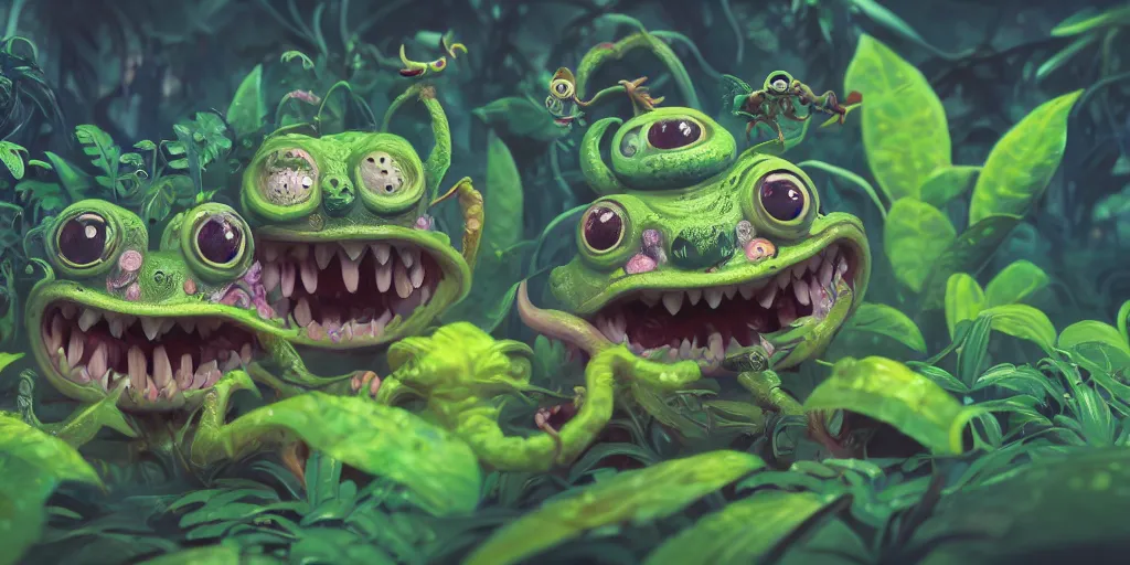 Prompt: of an intricate murky jungle with strange cute friendly laughing creatures with huge eyes, long tongue, square teeth and funny face appearing from the foliage, in the style of craola, macro lens, shallow depth of field, highly detailed, digital painting, trending artstation, concept art, illustration, cinematic lighting, vibrant colors, photorealism, epic, octane render