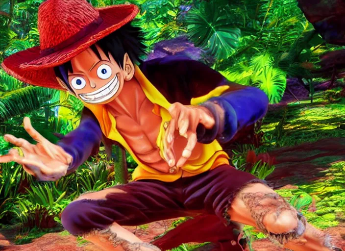 Image similar to a cg render of a colorful luffy in a noir galactic jungle, 8 k, unreal engine, detailed, hyperrealistic, octane