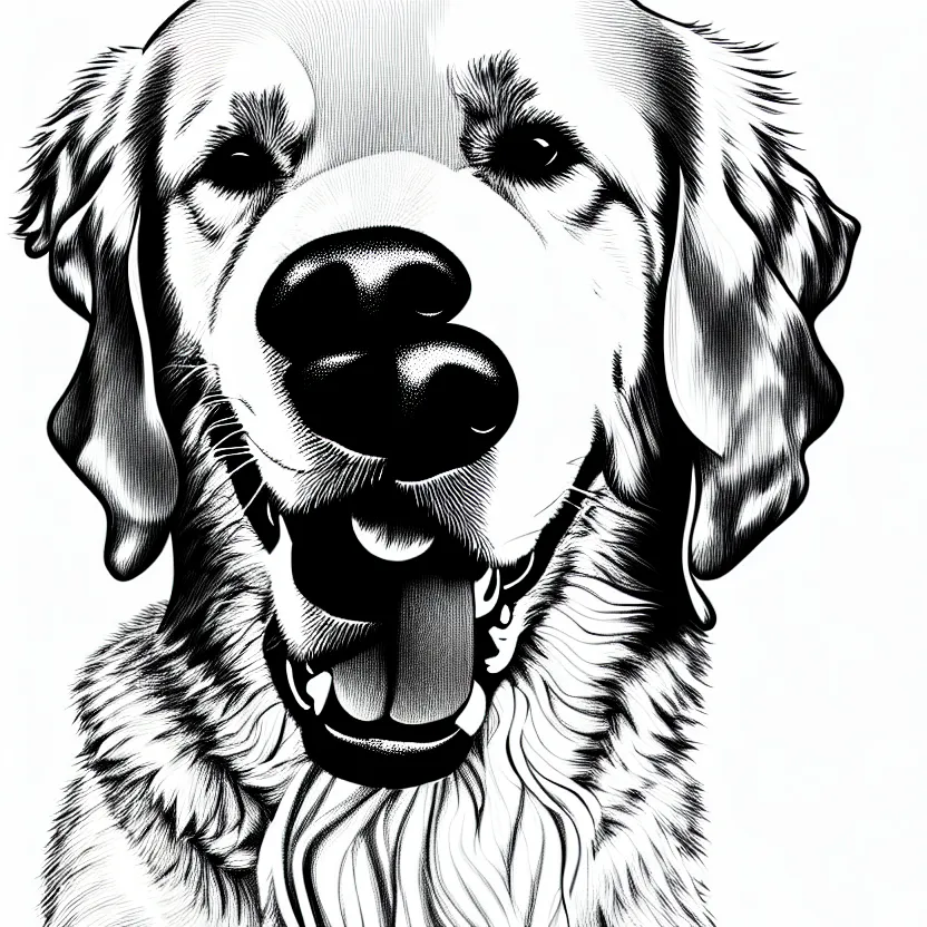 Prompt: full golden retriever portrait, white background, line art cartoon