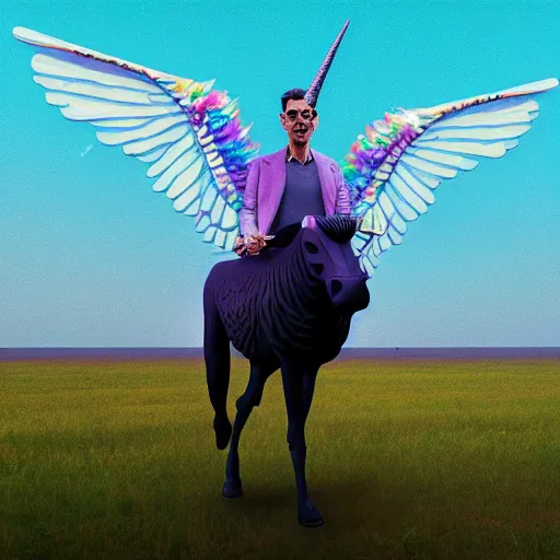 Image similar to jeff goldblum on a winged unicorn, art by beeple, hyperrealistic