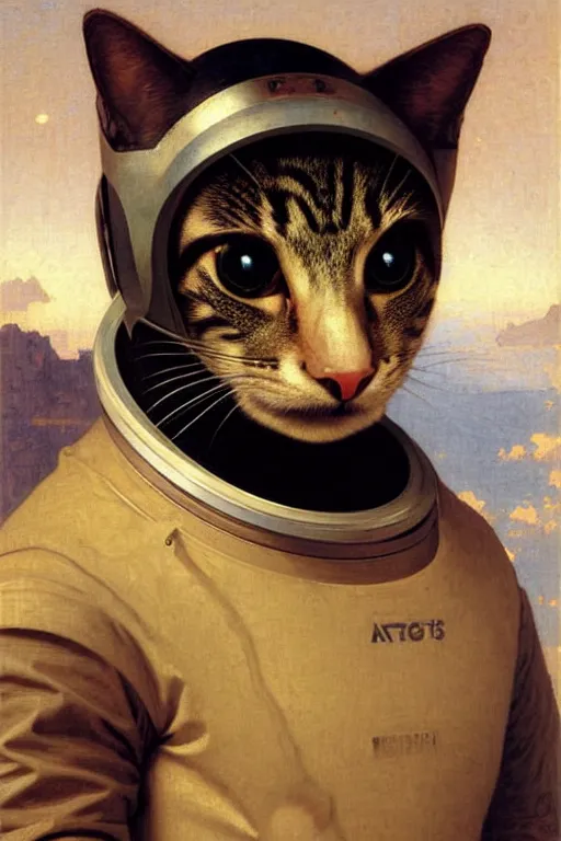 Image similar to portrait of a cat astronaut with armor and helmet, by bouguereau