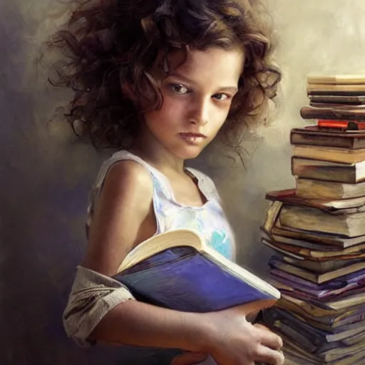 Prompt: a seven year old girl with short curly light brown hair and blue eyes sitting amidst tall piles of books. beautiful painting by raymond swanland and magali villanueve, beautiful detailed face.