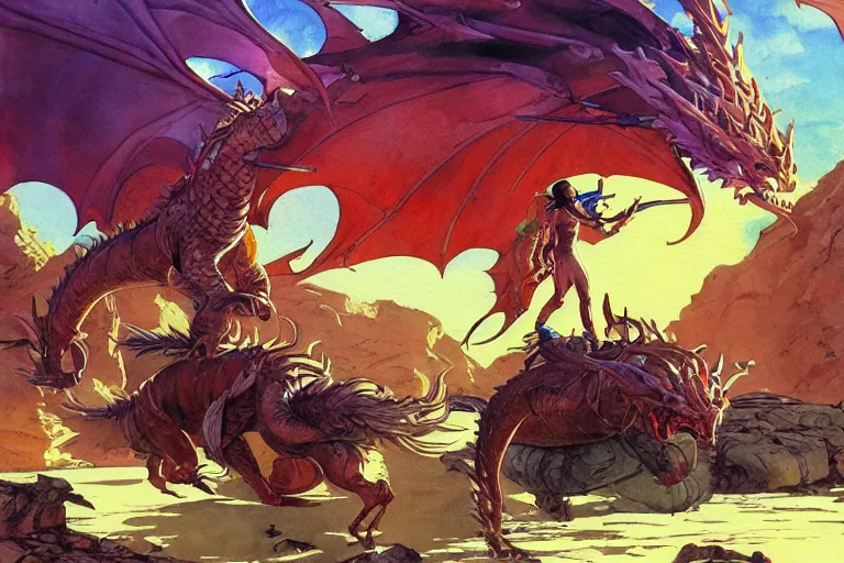 Image similar to wide angle on fantasy dragon lama rider with hood or hat, scifi, art by moebius or juan gimenez, in watercolor gouache detailed paintings, in style of syd mead, colorful comics style, artstation