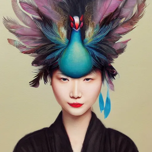 Image similar to a painting of a woman with a bird on her head by li di, featured on cgsociety, fantasy art, made of feathers, detailed painting, whimsical