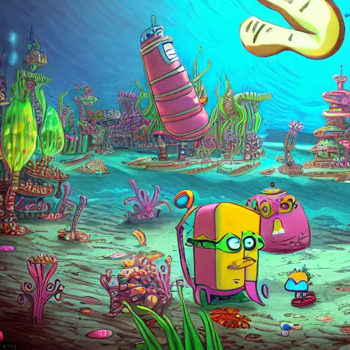 Image similar to bikini bottom drawn by stephen hillenburg, dynamic lighting, fantasy concept art, trending on art station, stunning visuals, creative, cinematic, ultra detailed
