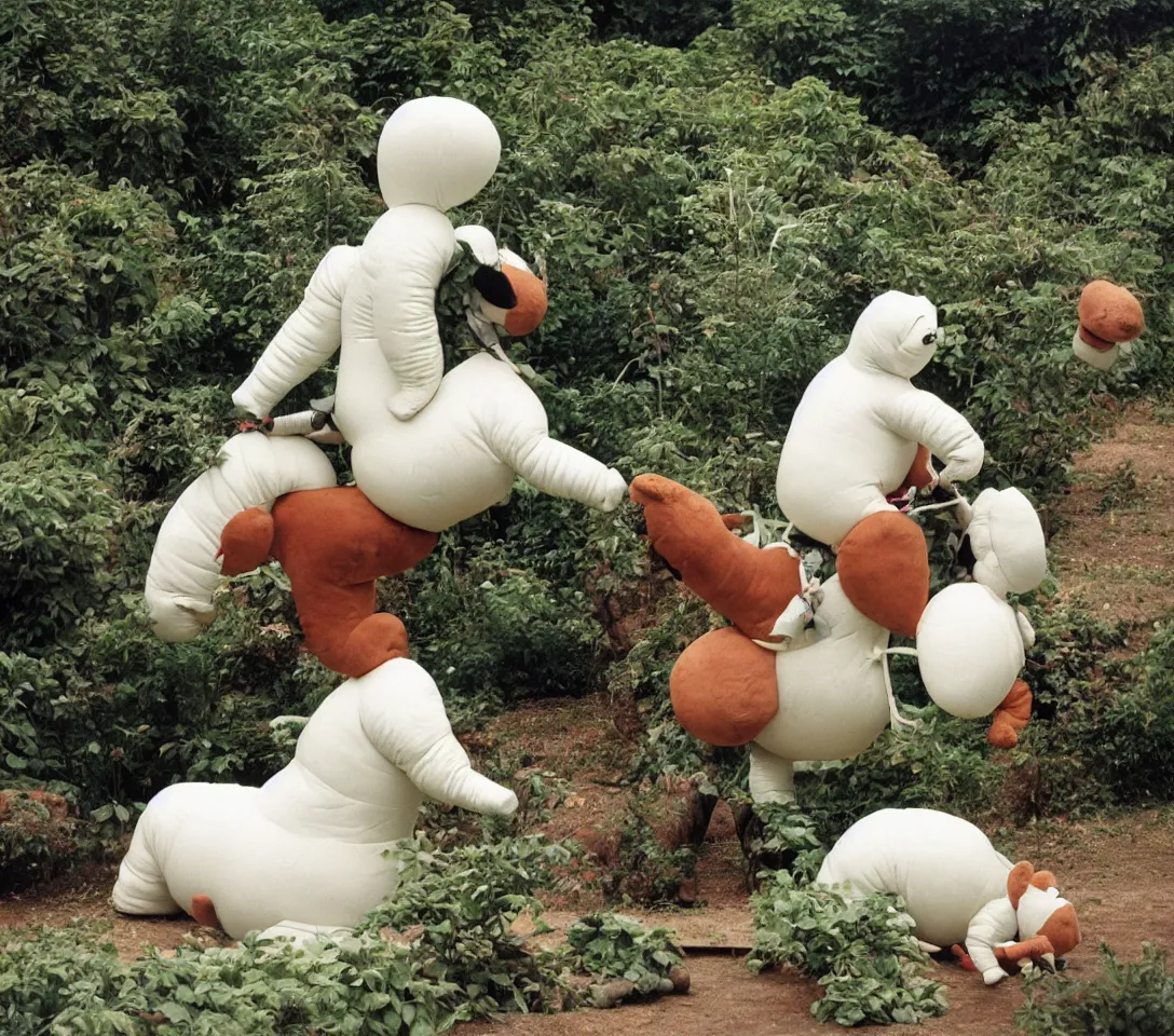 Image similar to a 3 5 mm photography, kodachrome colour, of grandpa with white michelin man costume, riding a hippo, strange creatures and alien plants around, photos taken by martin parr