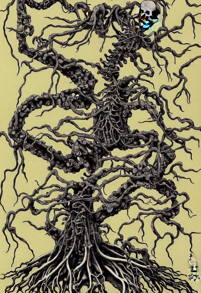 Image similar to prompt: anatomy dissection drawing skeleton Bonsai tree squid creature roots merging into big moon drawn by Takato Yamamoto, bonsai skeleton anatomy atlas, veins and organs attached to tree roots, alchemical objects inspired by 1980's sci-ci, old experimentation cabinet, intricate oil painting detail, manga 1980