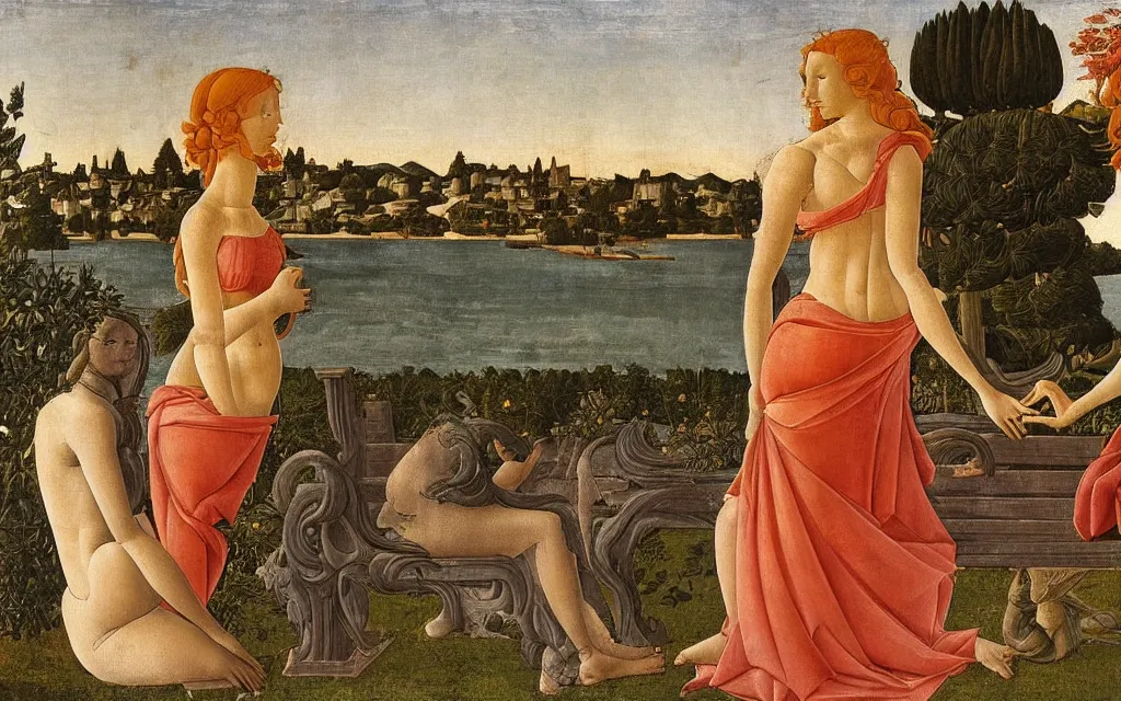 Prompt: sandro botticelli. very soft, delicate light. venus standing on a park bench in a modern city.