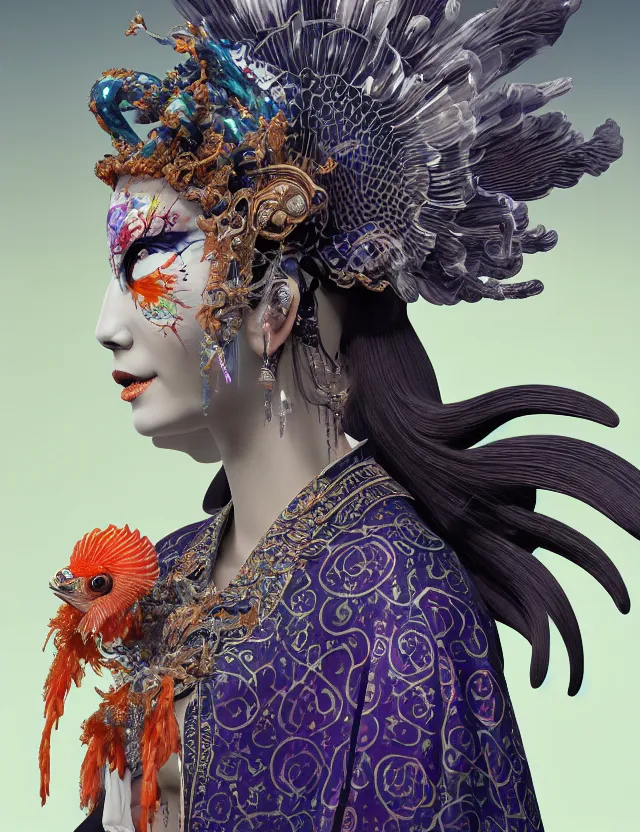 Image similar to 3 d goddess in robe close - up profile portrait with ram skull. beautiful intricately detailed japanese crow kitsune mask and clasical japanese kimono. betta fish, jellyfish phoenix, bio luminescent, plasma, ice, water, wind, creature, artwork by tooth wu and wlop and beeple and greg rutkowski