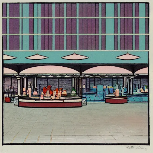 Prompt: art deco illustration of a mall food court in pastel colors