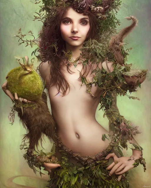 Image similar to dryad musician with a mysterious smile, inspired by brian froud, portrait, accompanied by a cute feathered mouse, studio lighting by jessica rossier and brian froud and gaston bussiere