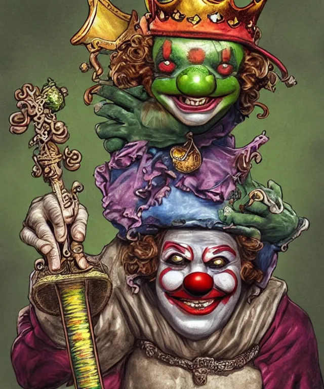 Image similar to clown frog king pulls the sword from the stone, clown frog king wearing clown makeup and rainbow wig, clown crown artwork by Glenn Fabry