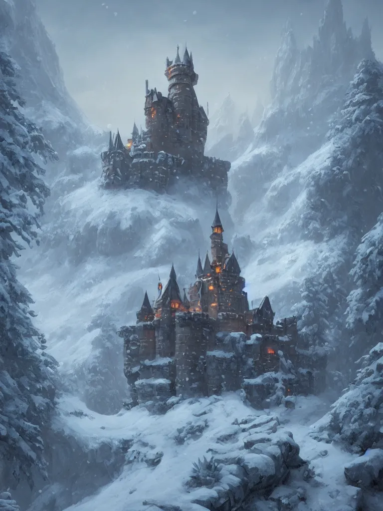 Image similar to a painting of a castle in the middle of a snowy mountain, a detailed matte painting by andreas rocha and greg rutkowski, featured on artstation, fantasy art, matte drawing, matte painting, artstation hq