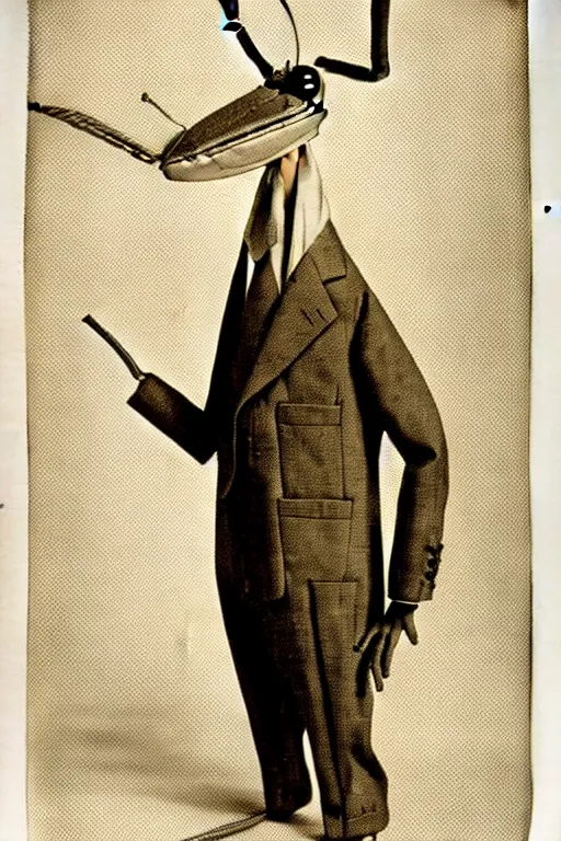 Image similar to anthropomorphic praying mantis, wearing a suit, vintage photograph, sepia