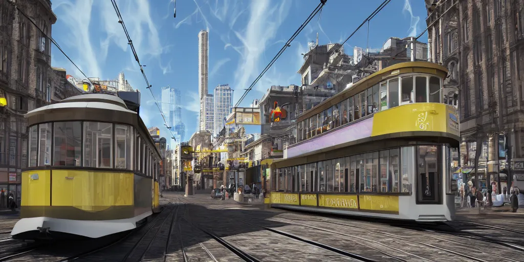 Prompt: triple decker tram, retro futuristic, volumetric lighting, photorealistic, daytime, sunny weather, sharp focus, ultra detailed, 4 0 0 0 k