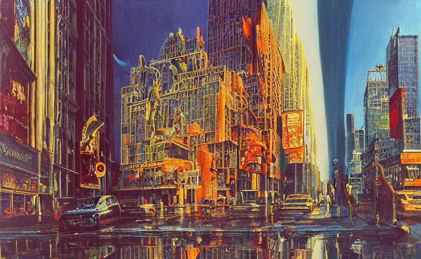 Image similar to new york city, disturbing colorful oil painting dutch golden age architecture sparse composition with strange gooey transparent surfaces shiny metal reflections bizarre sun rachel ruysch dali todd schorr very detailed perfect composition rule of thirds masterpiece canon 5 0 mm, cinematic lighting, photography, retro, film, kodachrome