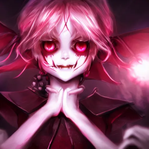 Image similar to beautiful digital art of remilia scarlet, red eyes, full round face, evil smile, spooky setting, medium shot, mid-shot, hyperdetailed, pixiv, trending on Artstation, Unreal Engine 4k