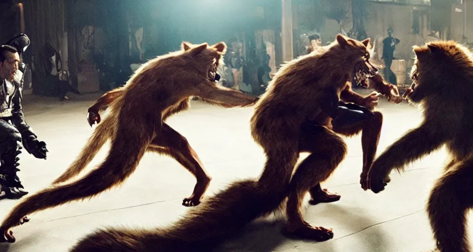 Image similar to still of nicolas cage beating up furry cosplayers, 4 k, 3 5 mm, choreographed fight scene, beautiful composition, shot by director park chan - wook