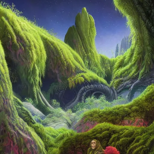 Image similar to digital painting of a lush natural scene on an alien planet by gerald brom. digital render. detailed. beautiful landscape. colourful weird vegetation. cliffs and water.