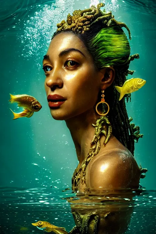 Image similar to hyperrealistic neo - rococo cinematic half underwater scene with fish and algae, very expressive! translucent elegant african goddess getting out of water, gold jewerly, highly detailed face, digital art masterpiece, aykut aydogdu zener, dramatic volumetric light, long shot, low angle uhd 8 k, sharp focus