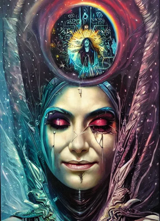 Prompt: gorgeous magic cult psychic woman smiling, third eye, energetic consciousness psychedelic, epic surrealism expressionism symbolism, story telling, iconic, dark robed, oil painting, symmetrical face, dark myth mythos, by Sandra Chevrier , Bruce Pennington, masterpiece