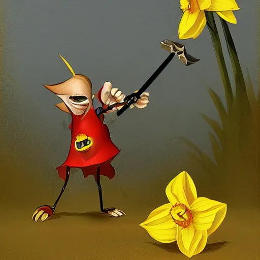 Image similar to a daffodil with fangs and arms wields a shovel as if to attack the viewer, only to be defeated by another flower wielding a sword
