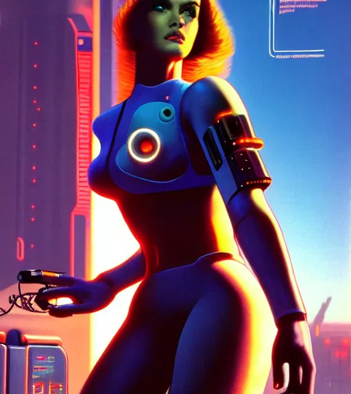 Image similar to cable plugged in, side of head, very very beautiful woman, cyberdeck computer terminal, 1 9 7 9 omni magazine cover, style by vincent di fate, cyberpunk 2 0 7 7, very coherent, detailed, 4 k resolution, unreal engine, daz