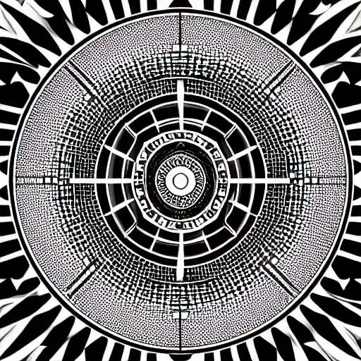 Image similar to a circular mandala with five symbolic hot air balloons equally spaced in a radial hexagonal configuration around a symbolic sun at its center. a precise black and white digital image.