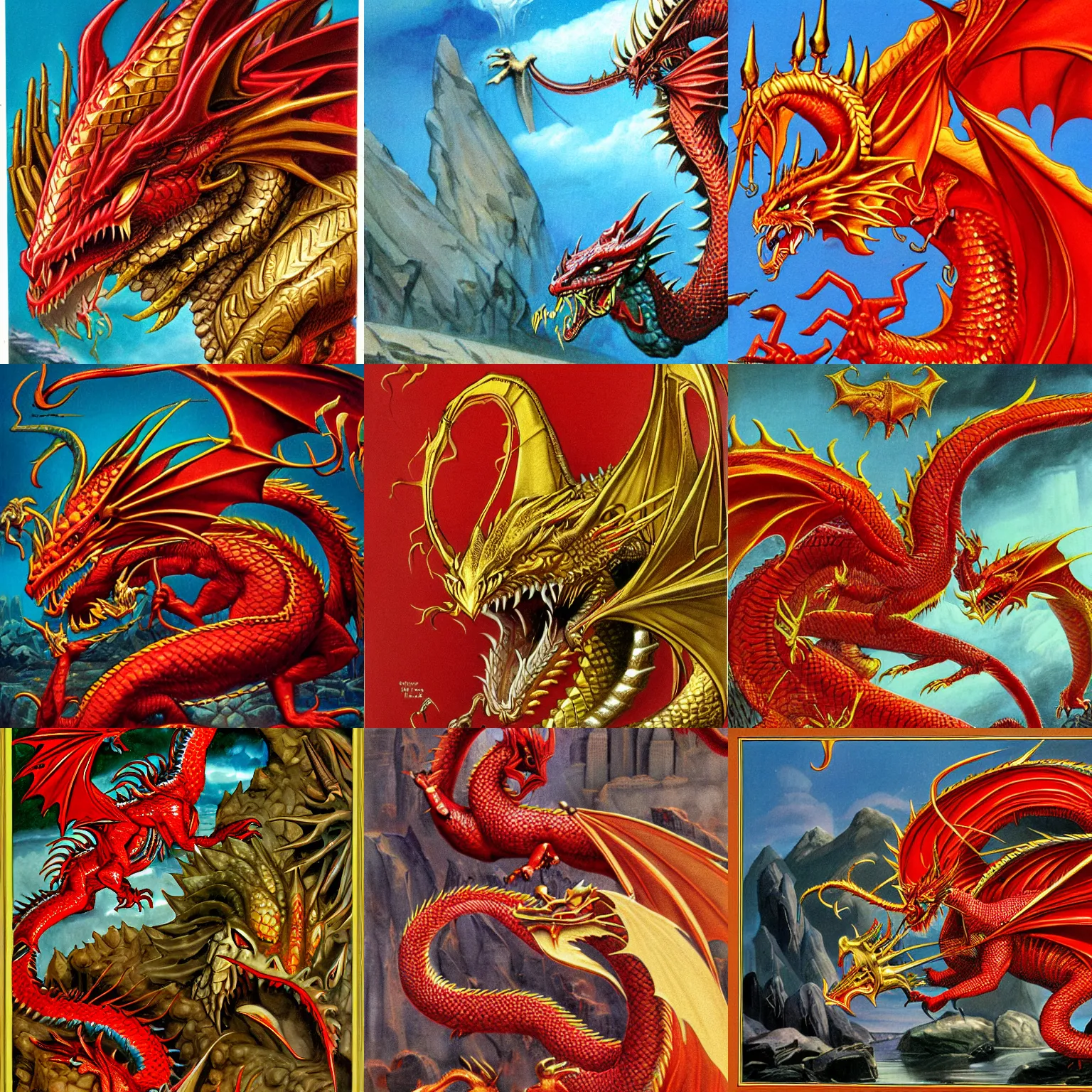 Prompt: A Red Dragon hoarding Gold, Fantasy Illustration, 1985, high detail