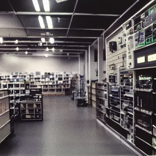 Prompt: ominous electronics department in 1990. As described by William Gibson. Polaroid