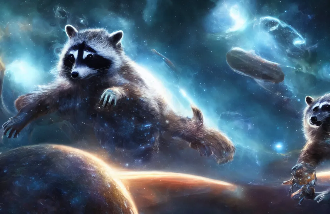 Image similar to A digital concept art painting a space cosmic racoon in the stars 4K UHD image, unreal engine