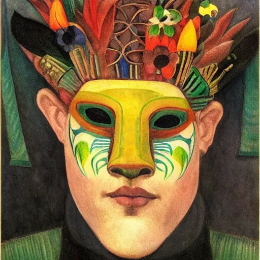 Image similar to head of a beautiful boy wearing a carnival mask made of stylized flowers, by diego rivera and john watkiss and annie swynnerton, art deco shaman, art brut, symbolist, dramatic cinematic lighting, god rays, iridescent beetles, clean crisp graphics, smooth sharp focus, extremely detailed