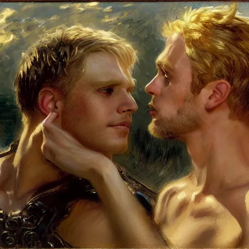 Image similar to attractive male, arthur pendragon who has blond hair confesses his love to attractive male, merlin who has dark hair. highly detailed painting by gaston bussiere, craig mullins, j. c. leyendecker 8 k