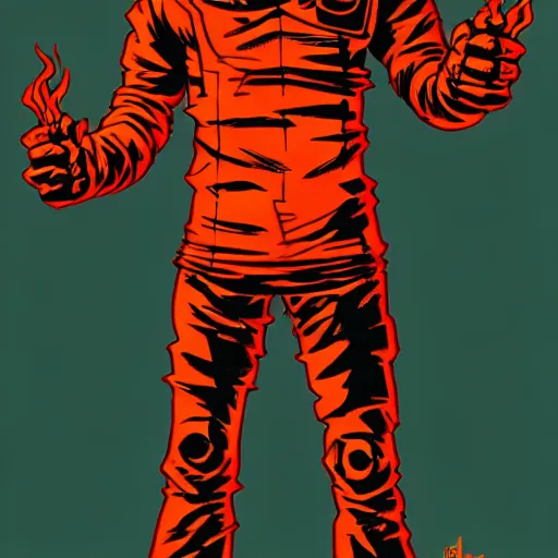 Prompt: a full body character design guy denning, tim doyle, laurie greasley. fiery flaming grungy industrial rectangular trapezoid faceless cloaked figure heroic!! fire!! bold outline sharp edges. ultra clear detailed. 8 k. elegant, neon colors, dynamic angle, intricate complexity, epic composition, symmetry, cinematic lighting masterpiece