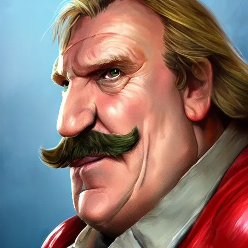 Prompt: Portrait of Gerard Dépardieu as Super Mario, fantasy, highly detailed, digital painting, artstation, concept art, sharp focus, illustration, art by Tony Sart and artgerm and randy vargas