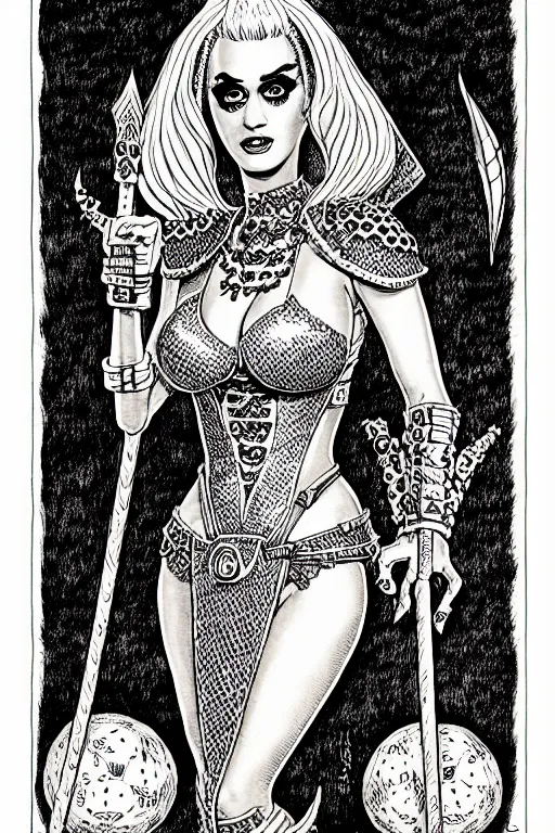 Image similar to katy perry as a d & d monster, full body, pen - and - ink illustration, etching, by russ nicholson, david a trampier, larry elmore, 1 9 8 1, hq scan, intricate details, inside stylized border