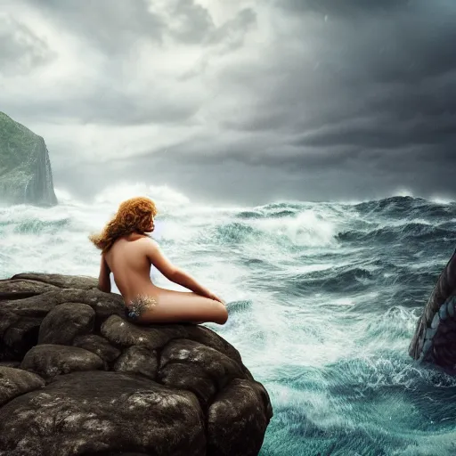 Prompt: Tom Hiddlestone as a beautiful mermaid sitting on a rock in the middle of a stormy ocean, watching the seagulls flying above him, hyperrealistic, hyperdetailed, depth of field, High definition, 8k, octane render, artstation